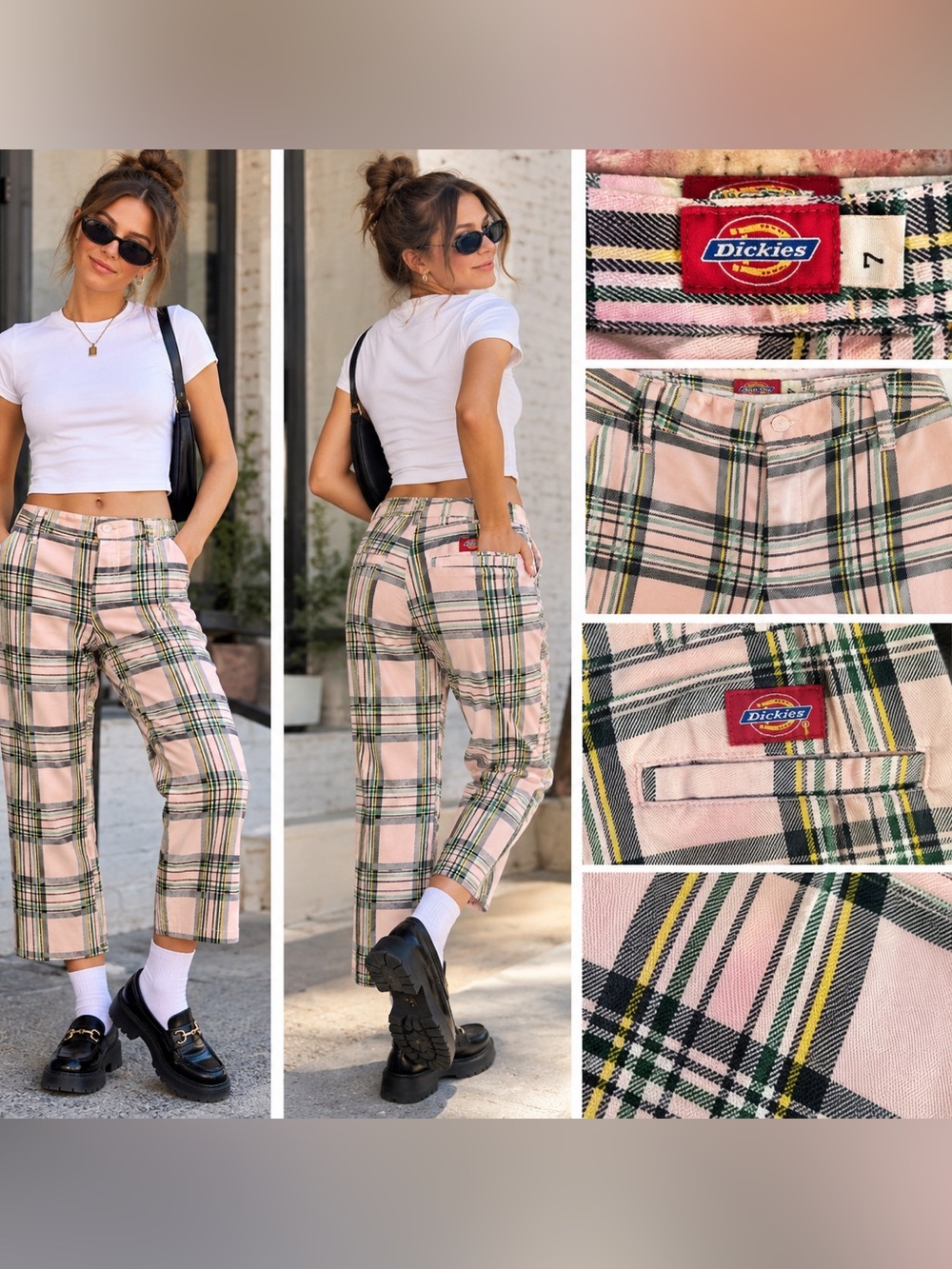 Dickies Y2K Pale Pink Plaid Cropped Pants Size 7 Retro Preppy